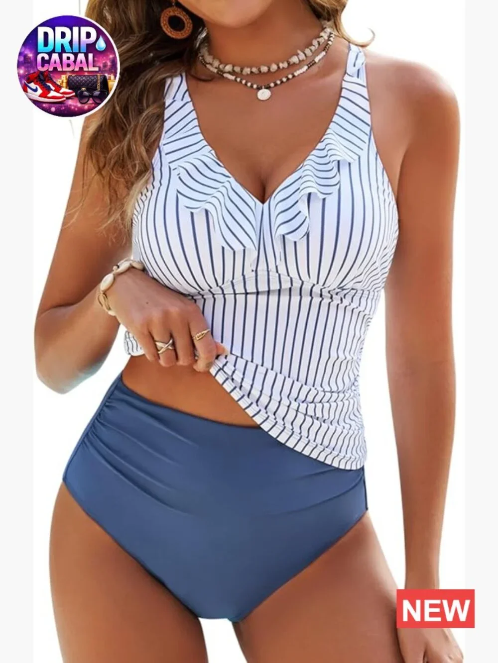 Tummy Control Tankini Set Ruffle Tank Top High Waisted Bottom Striped